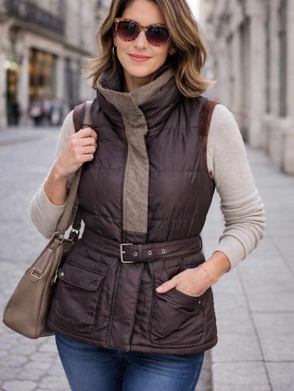 Olsen Europe Belted Puffer Vest Size 10 Brown Metallic Tweed Funnel Neck